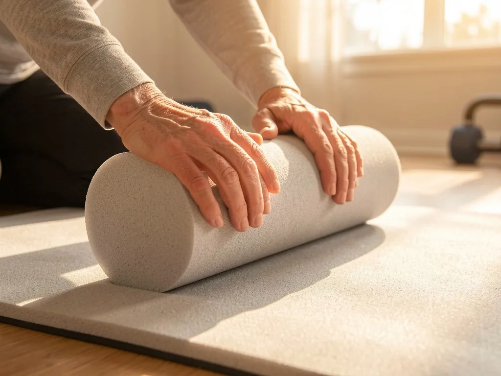 Hands holding a soft foam roller for gentle mobility work