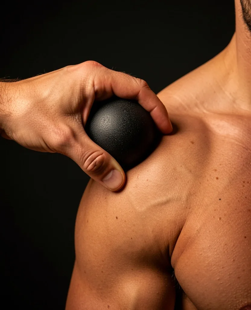 Massage ball pressed into shoulder trapezius