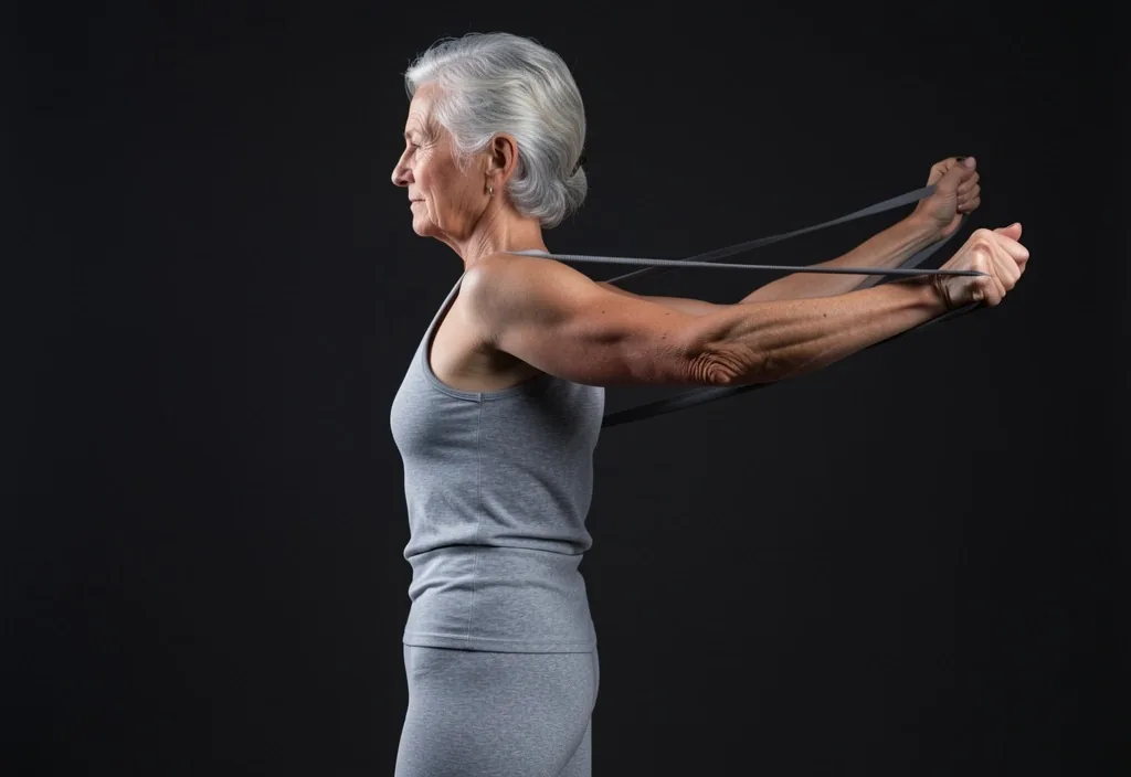 Senior person doing a gentle shoulder stretch with resistance band